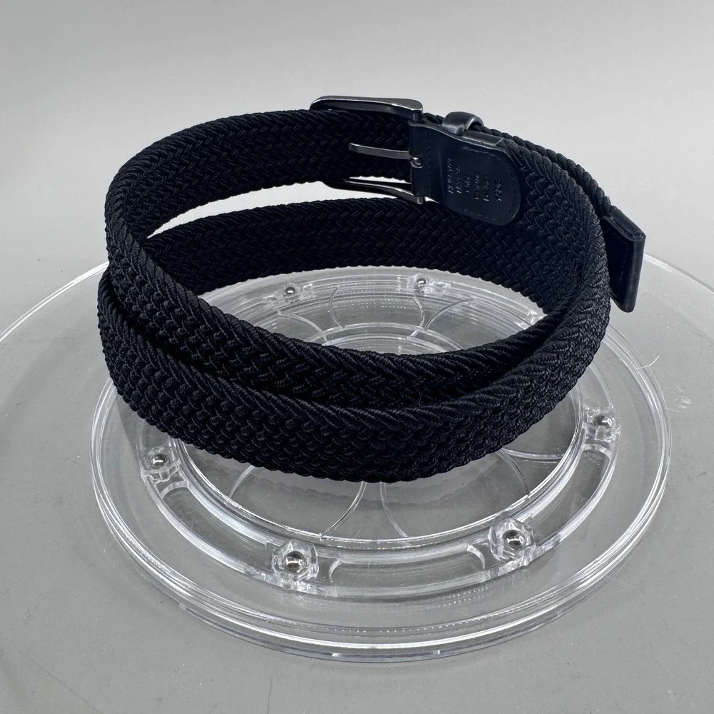 Mens Woven Braided Elastic Stretch Belt Black Genuine Leather Trim Size M 34-36